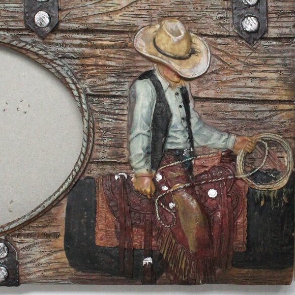 Oval Glass Standup Country Cowboy Riding Roping Theme Picture Frame - Picture 3 of 12